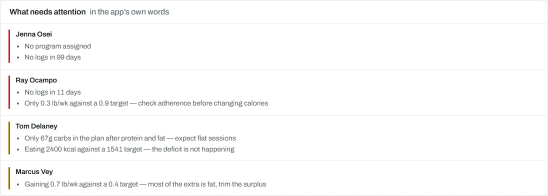 What needs attention: each client's reasons, in the app's own words.